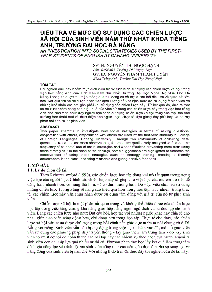 Điều tra về mức độ sử dụng các chiến lược xã hội của sinh viên năm thứ nhất khoa tiếng anh trường đại học đà nẵng