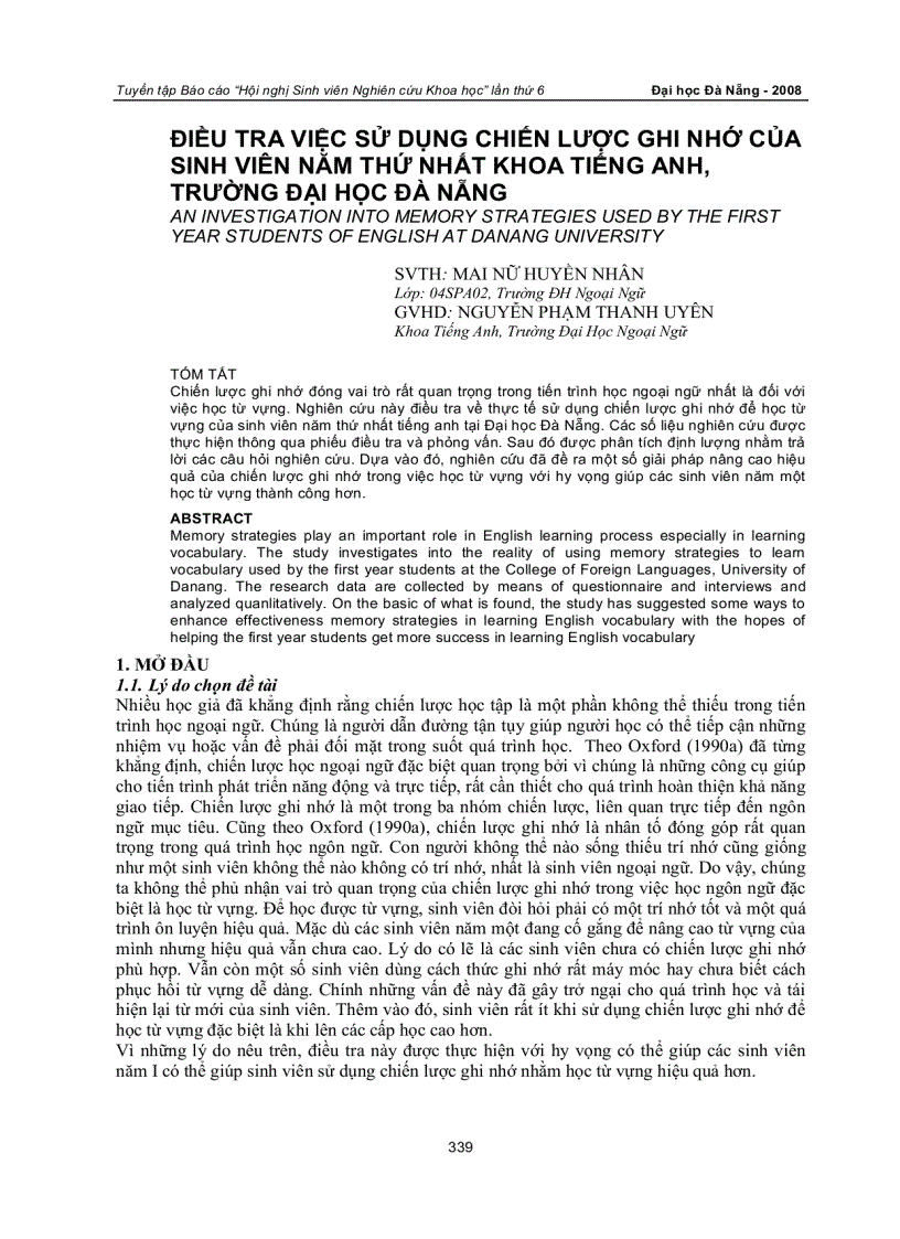 Điều tra việc sử dụng chiến lược ghi nhớ của sinh viên năm thứ nhất khoa tiếng anh