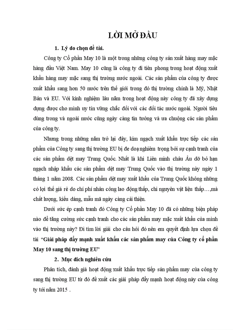 Giải pháp đẩy mạnh xuất khẩu các sản phẩm may của Công ty cổ phần May 10 sang thị trường EU