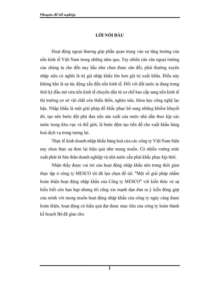 Một số giải pháp nhằm hoàn thiện hoạt động nhập khẩu của Công ty MESCO