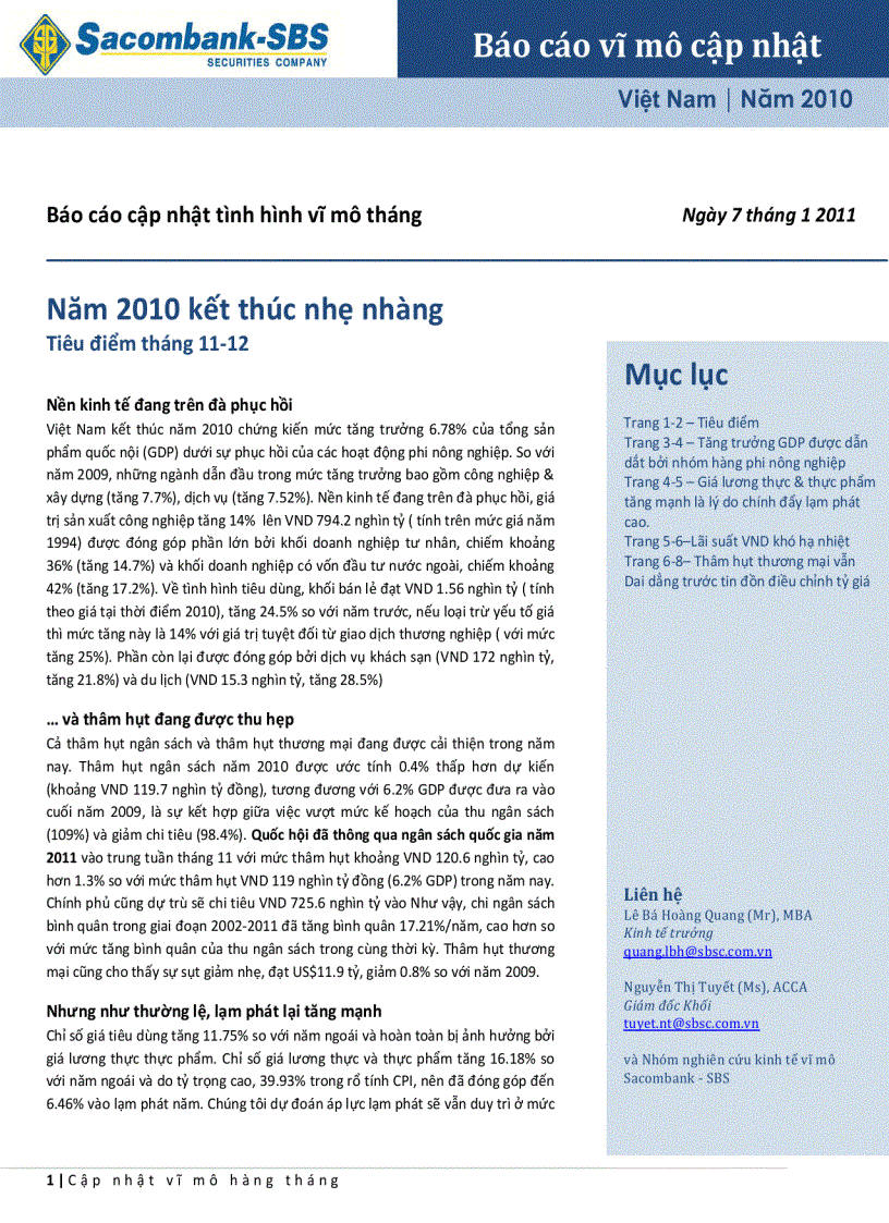 Báo cáo cập nhật tình hình vĩ mô Năm 2010 kết thúc nhẹ nhàng