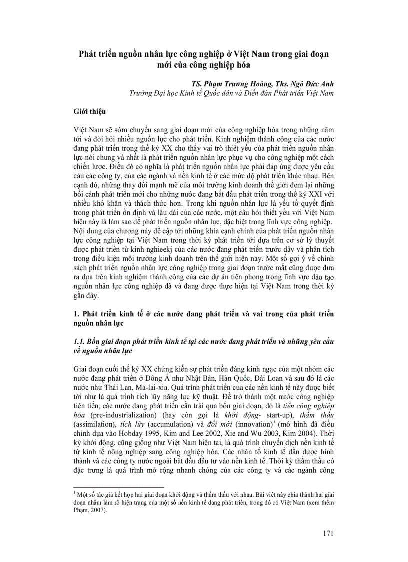 Phát triển nguồn nhân lực công nghiệp ở Việt Nam trong giai đoạn mới của công nghiệp hóa
