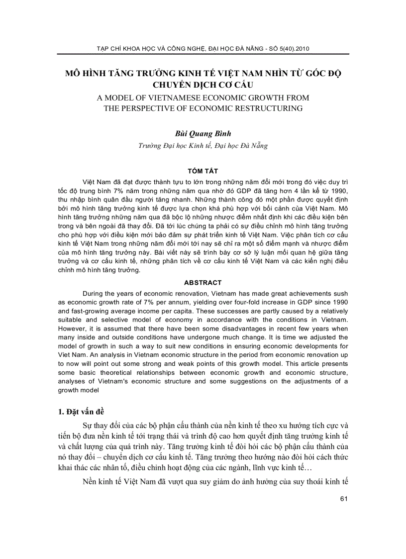 Mô hình tăng trưởng kinh tế việt nam nhìn từ góc độ chuyển dịch cơ cấu