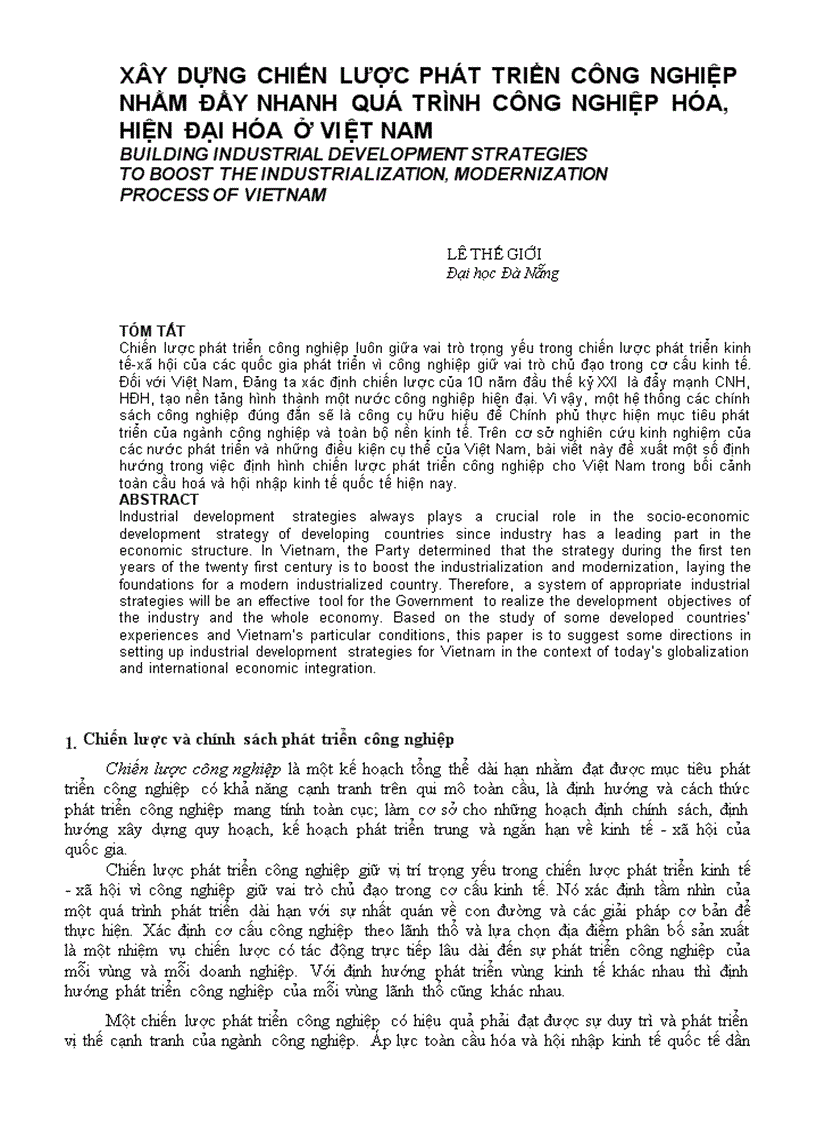 Xây dựng chiến lược phát triển công nghiệp nhằm đẩy nhanh quá trình công nghiệp hóa hiện đại hóa ở việt nam