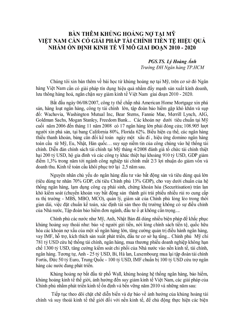 Bàn thêm khủng hoảng nợ tại mỹ việt nam cần có giải pháp tài chính tiền tệ hiệu quả nhằm ổn định kinh tế vĩ mô giai đoạn 2010 2020