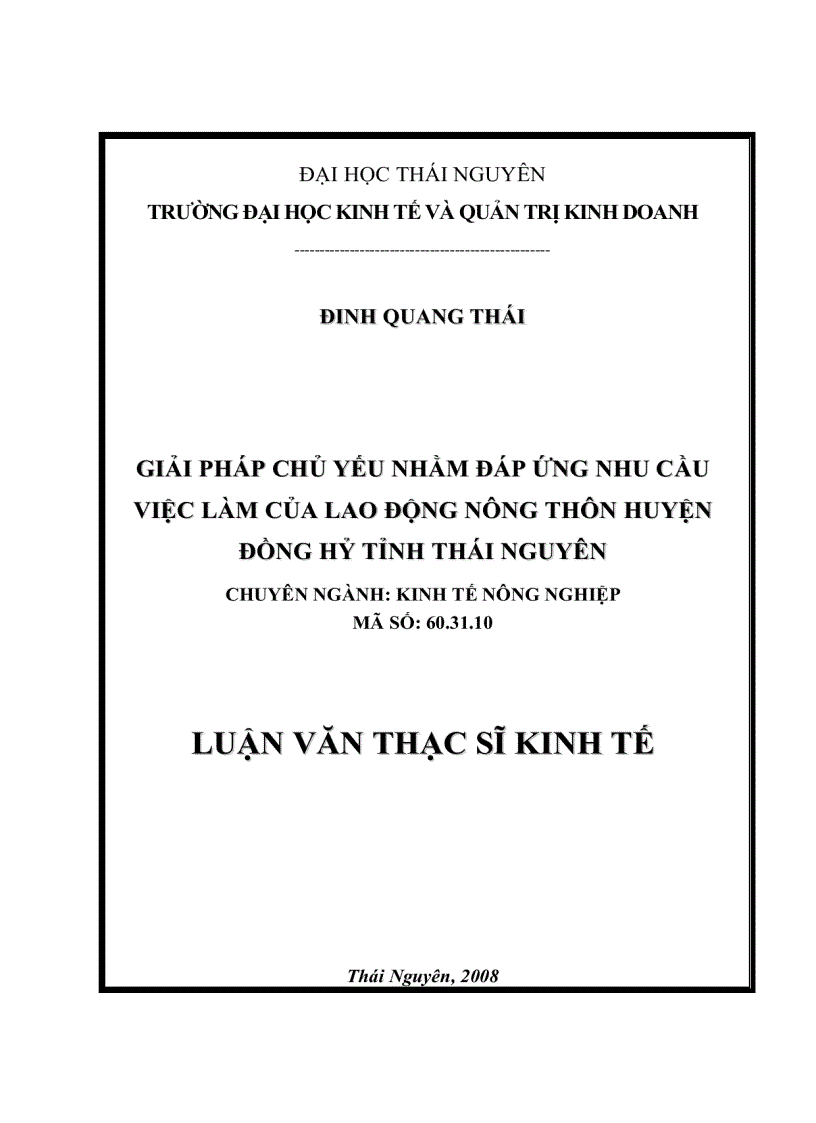 Giải pháp chủ yếu nhằm đáp ứng nhu cầu việc làm của lao động nông thôn huyện Đồng Hỷ tỉnh Thái Nguyên