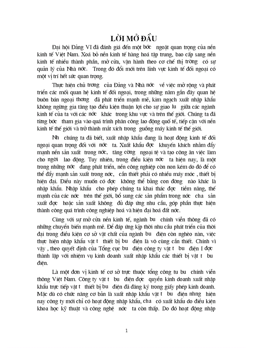 1số biện pháp nhằm hoàn thiện hoạt động nhập khẩu thiết bị bưu chính viễn thông ở Công ty vật tư bưu điện 1 chương 2