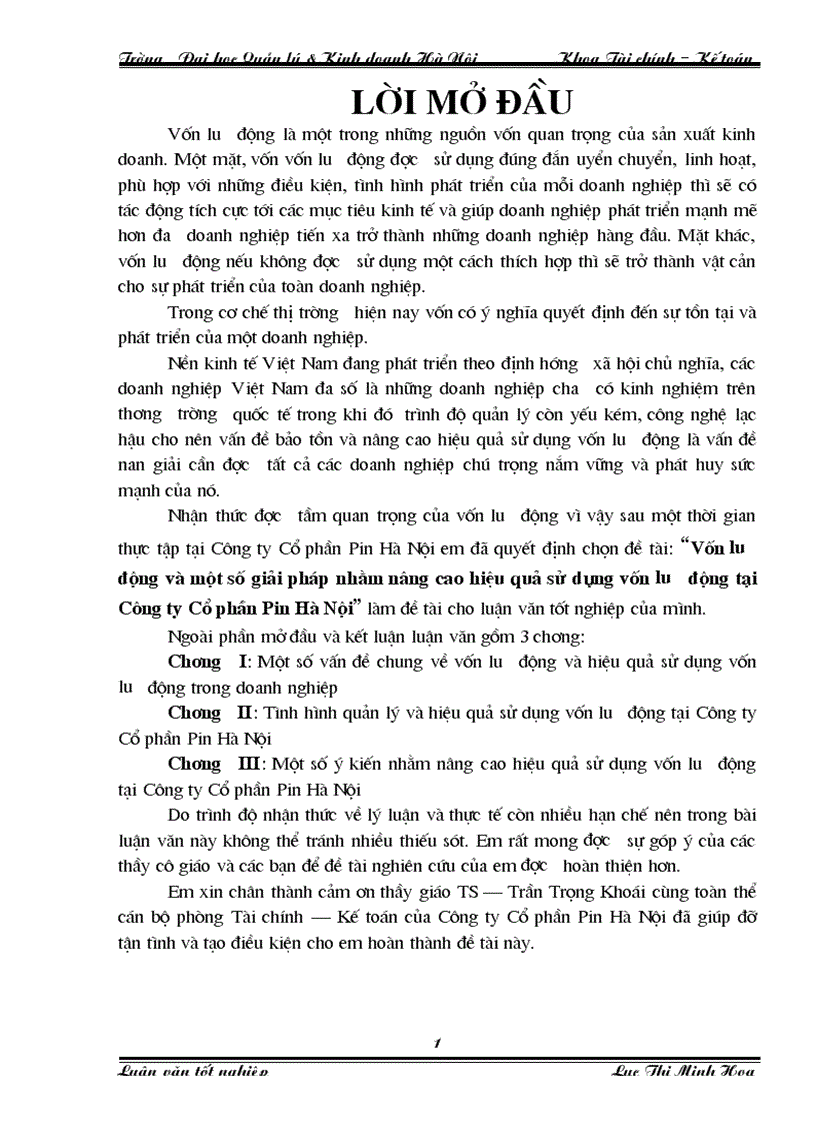 Vốn lưu động và một số giải pháp nhằm nâng cao hiệu quả sử dụng vốn lưu động tại Công ty Cổ phần Pin Hà Nội