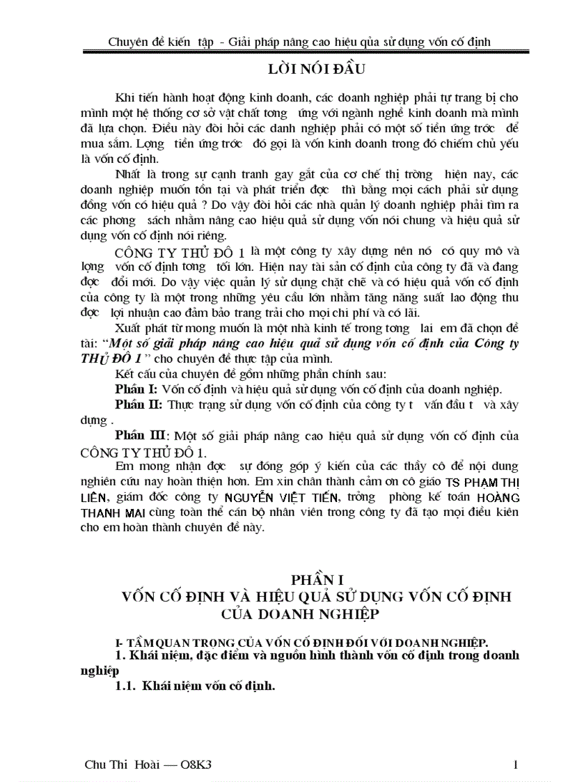 Một số giải pháp nâng cao hiệu quả sử dụng vốn cố định của Công ty THỦ ĐÔ