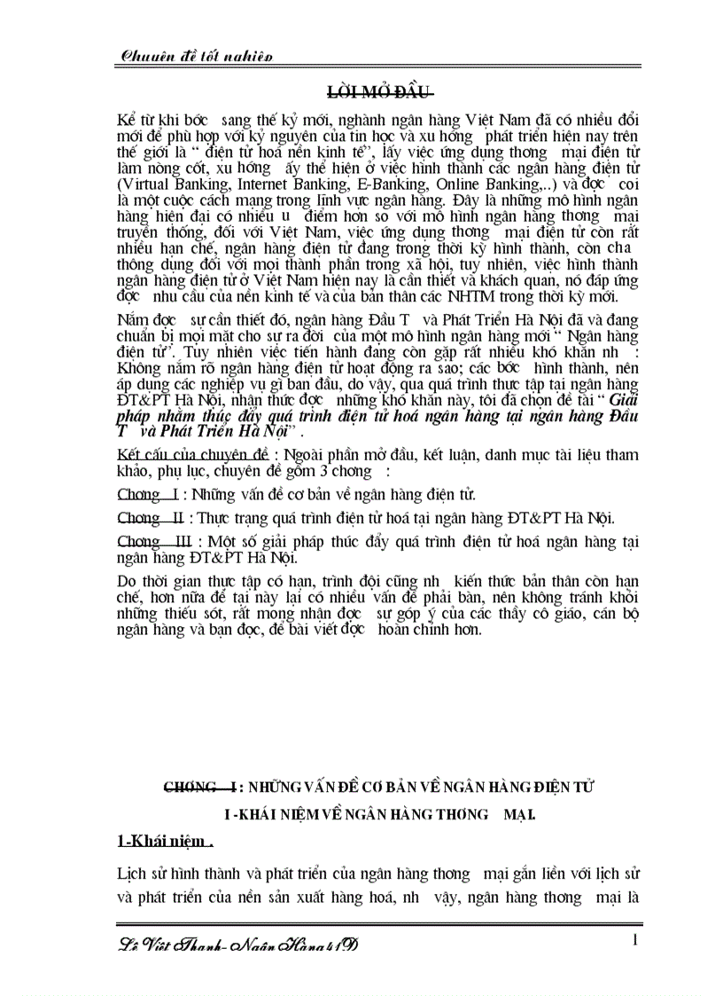 Giải pháp nhằm thúc đẩy quá trình điện tử hoá ngân hàng tại ngân hàng Đầu Tư và Phát Triển Hà Nội