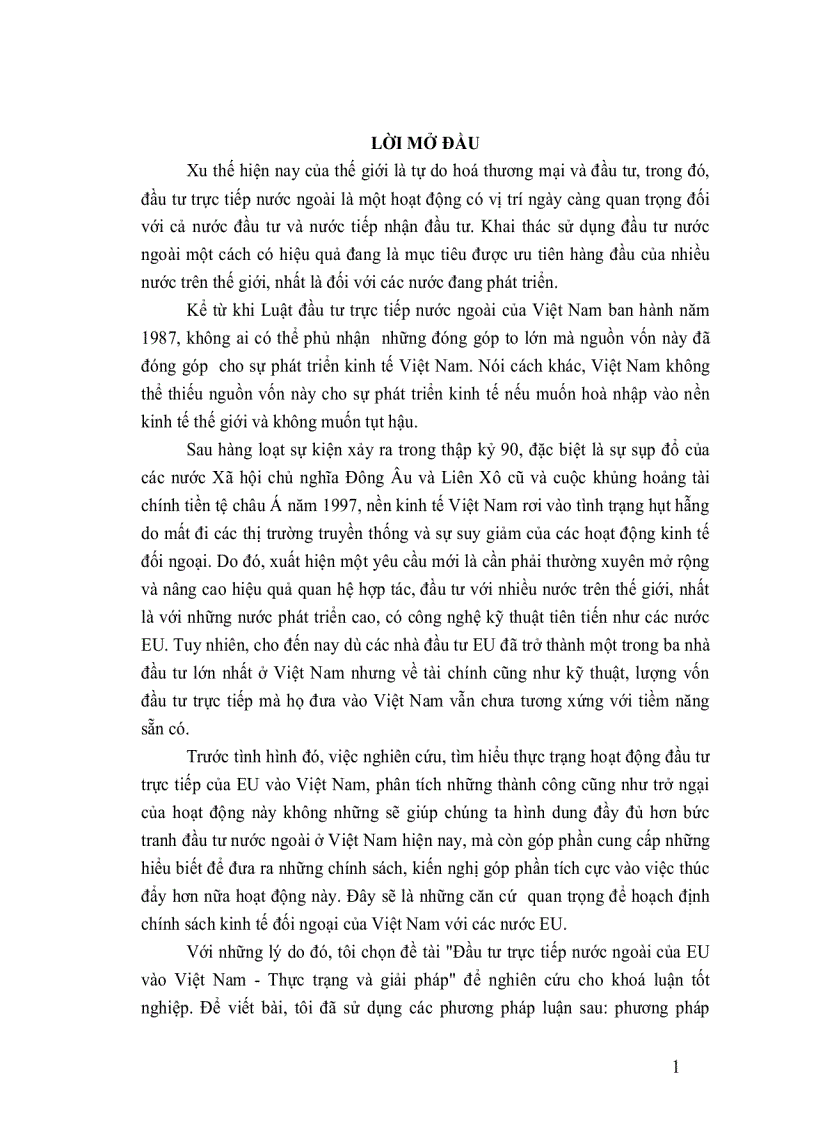 Đầu tư trực tiếp nước ngoài của EU vào Việt Nam Thực trạng và giải pháp