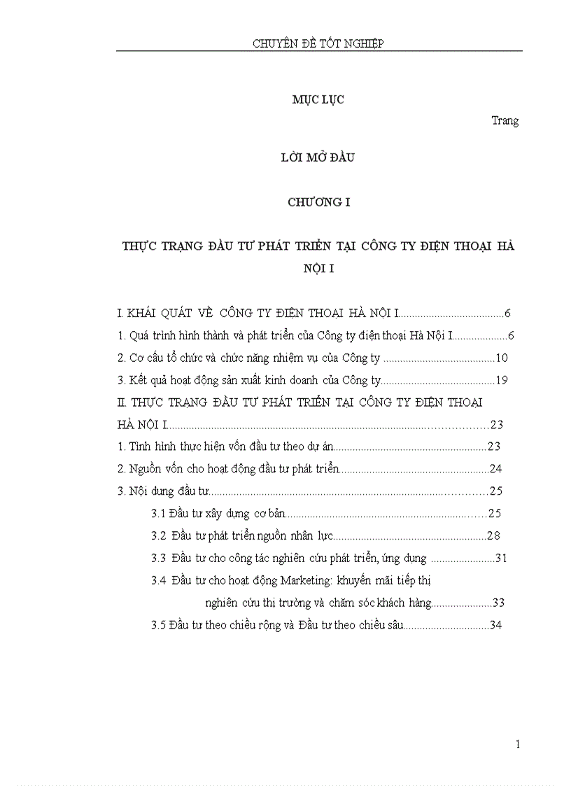 Thực trạng và giải pháp đẩy mạnh hoạt động đầu tư phát triển tại Công ty Điện thoại Hà Nội I