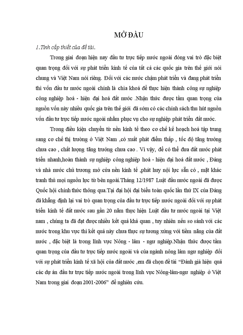 Đánh giá hiệu quả các dự án đầu tư trực tiếp nước ngoài trong lĩnh vực Nông lâm ngư nghiệp ở Việt Nam trong giai đoạn 2001 2006