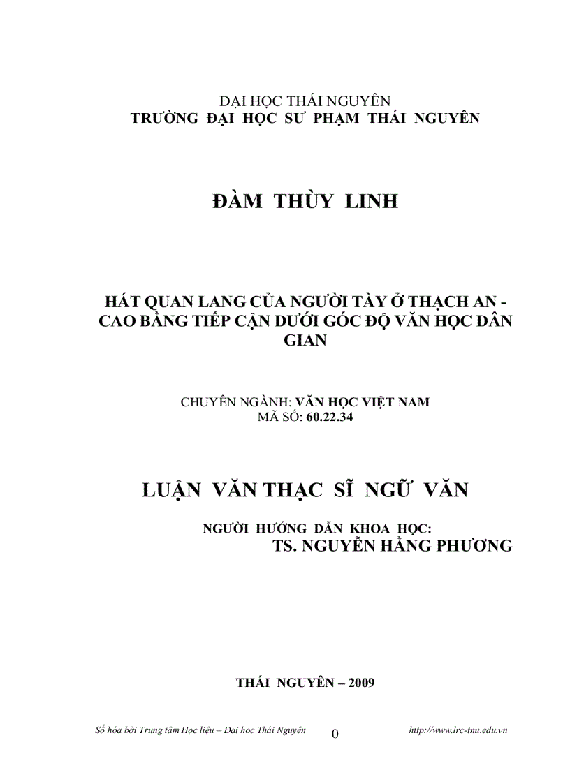 Hát quan lang của người tày ở thạch an cao bằng tiếp cận dưới góc độ văn học dân gian