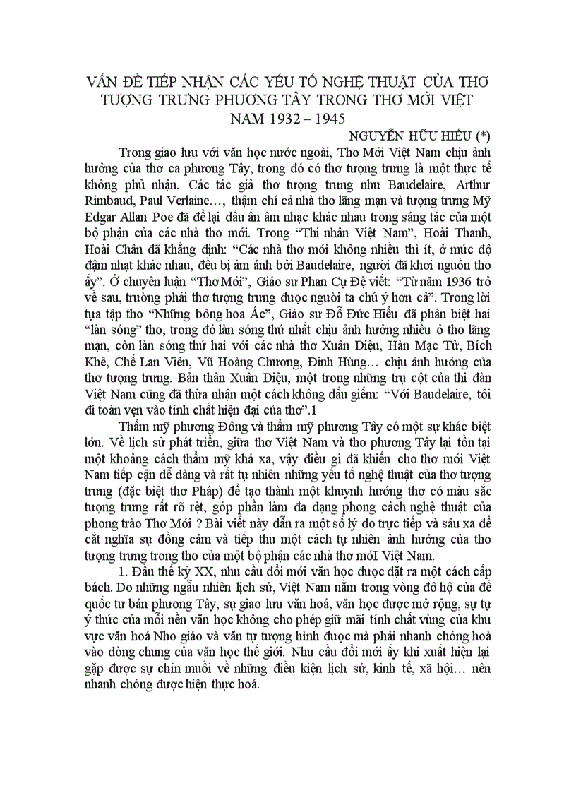 Vấn đề tiếp nhận các yếu tố nghệ thuật của thơ tượng trưng phương tây trong thơ mới việt nam 1932 1945