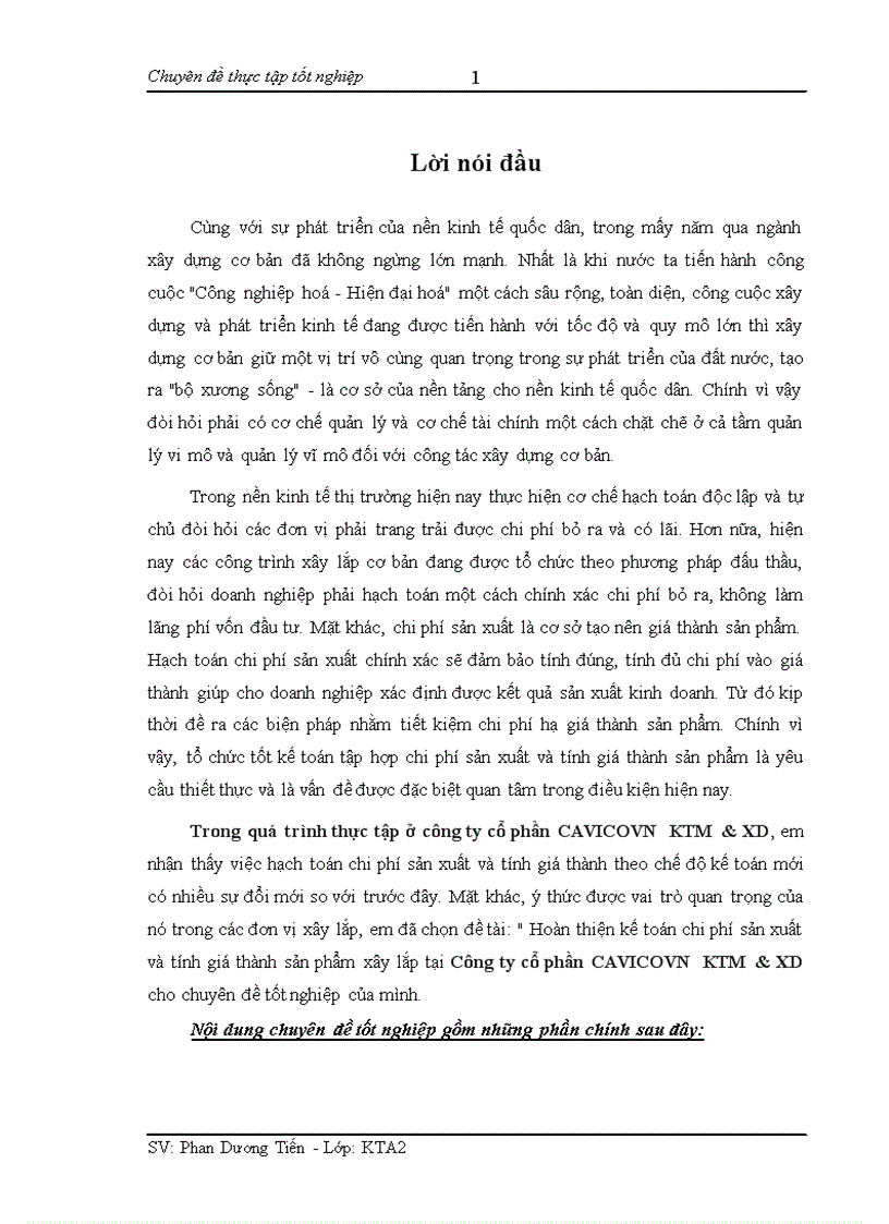 Hoàn thiện kế toán chi phí sản xuất và tính giá thành sản phẩm xây lắp tại Công ty cổ phần CAVICOViệt Nam KTM XD