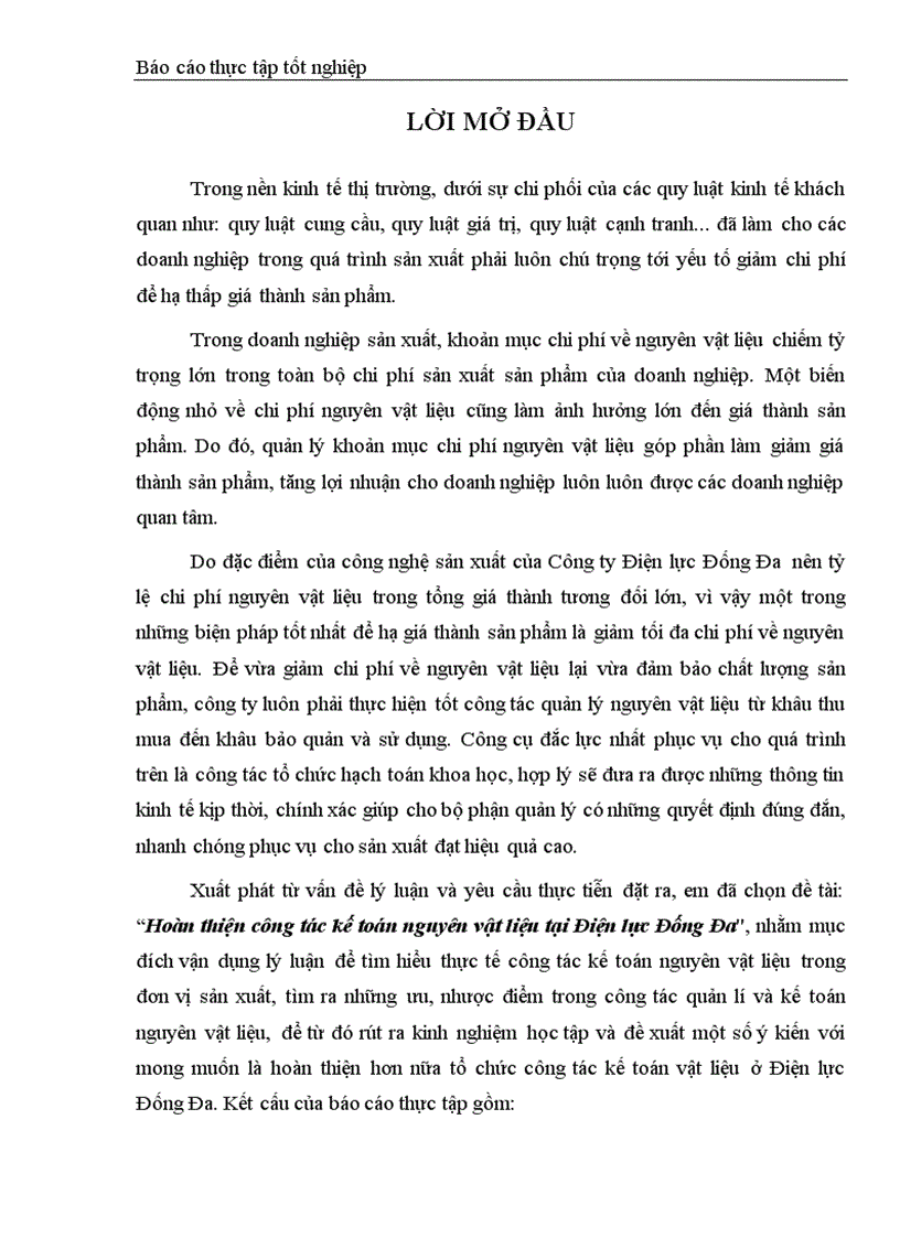 Hoàn thiện công tác kế toán nguyên vật liệu tại Điện lực Đống Đa