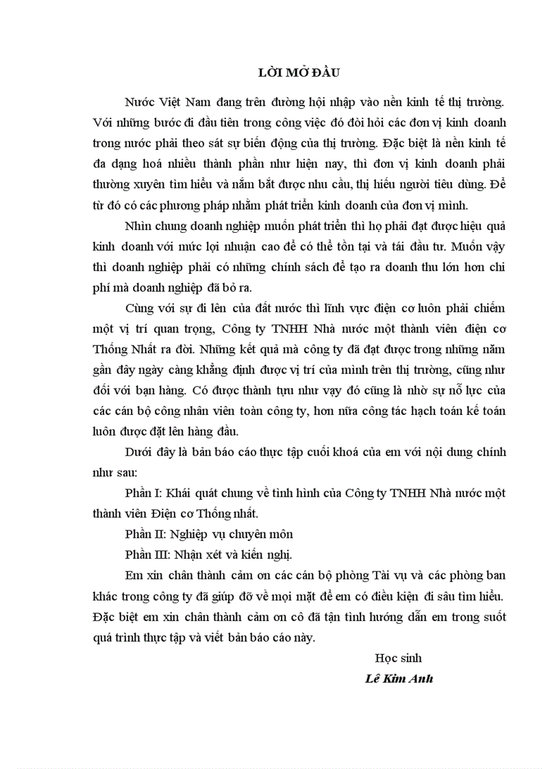 Báo cáo thực tập tại Công ty TNHH Nhà nước một thành viên Điện cơ Thống nhất