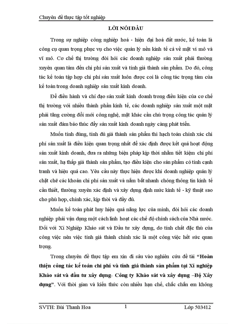 Hoàn thiện công tác kế toán chi phí và tính giá thành sản phẩm tại Xí nghiệp Khảo sát và đầu tư xây dựng Công ty Khảo sát và xây dựng Bộ Xây dựng