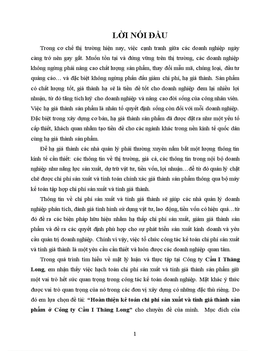 Hoàn thiện kê toán chi phí sản xuất và tính giá thành sản phẩm ở Công ty Cầu I Thăng Long