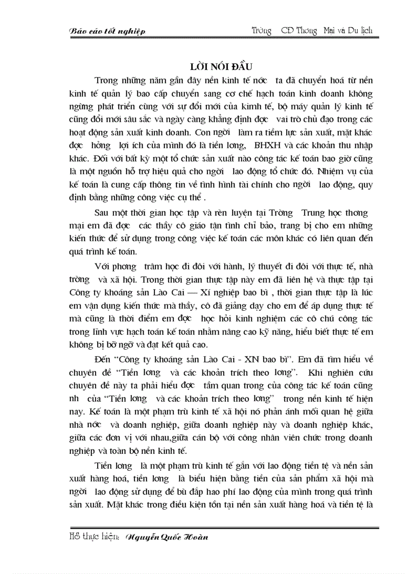 Báo cáo thực tập kế toán Tiền lương và các khoản trích theo lương ở Công ty khoáng sản Lào Cai xí nghiệp bao bì