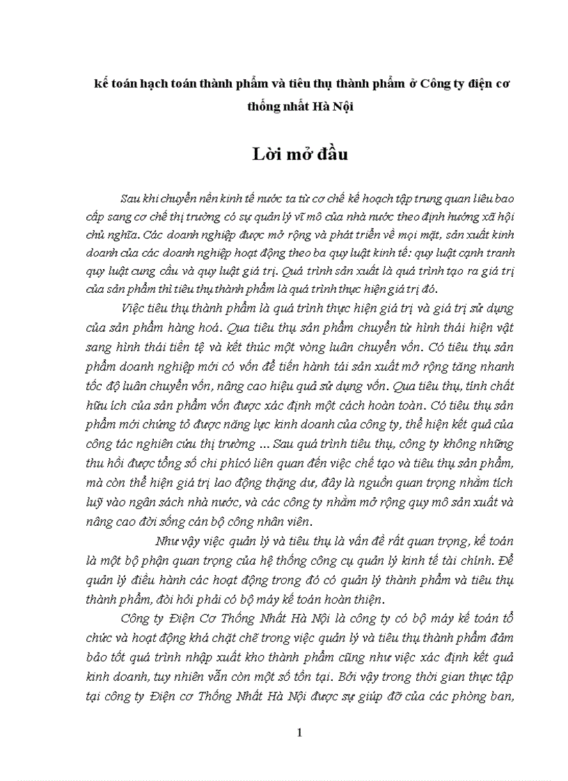 Số kiến nghị nhằm hoàn thiện công tác kế toán thành phẩm và tiêu thụ thành phẩm tại công ty Điện cơ Thống Nhất Hà Nội