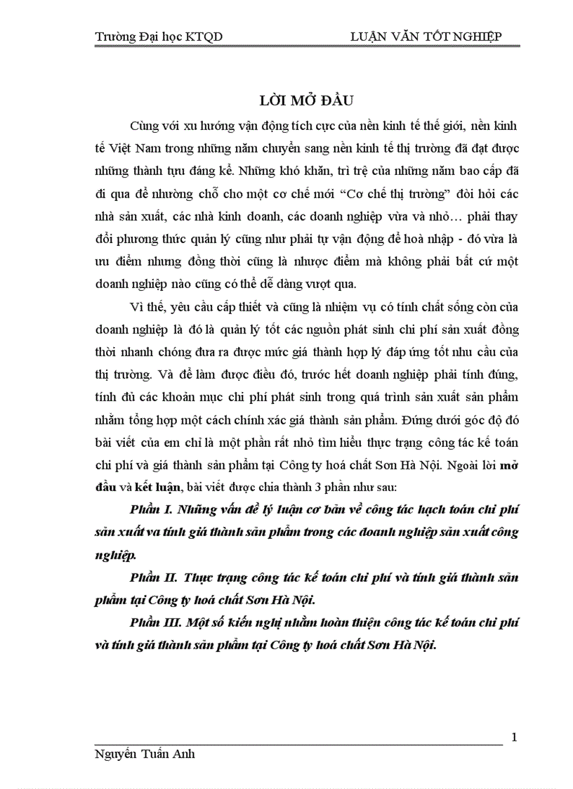 Một số kiến nghị nhằm hoàn thiện công tác kế toán chi phí và tính giá thành sản phẩm tại Công ty hoá chất Sơn Hà Nội