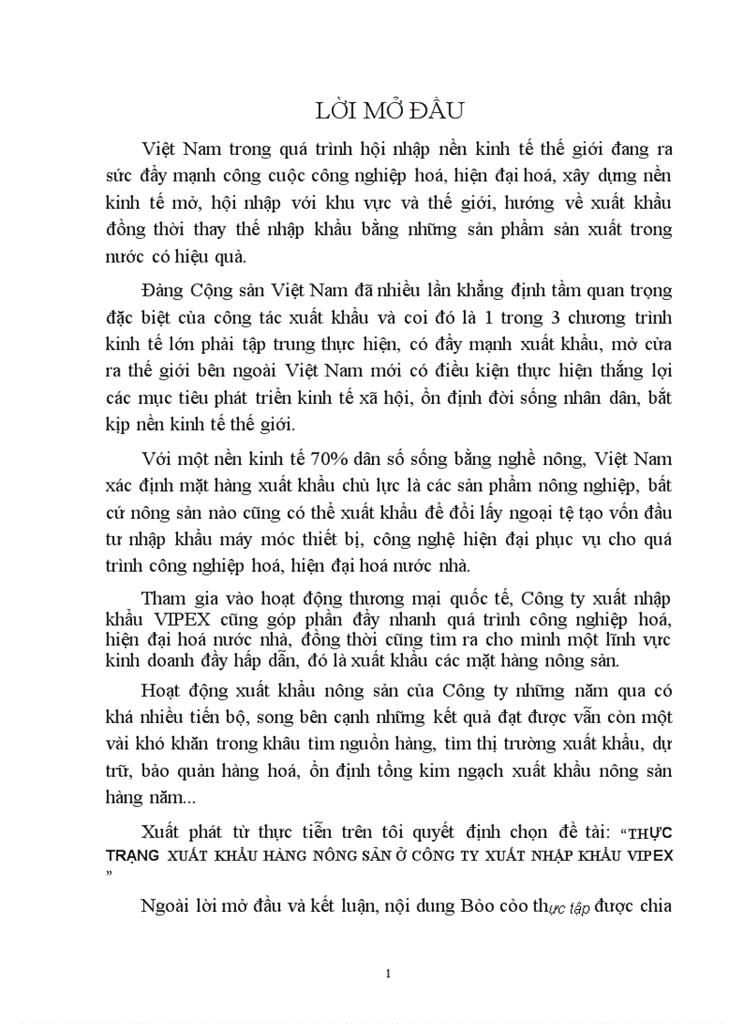 Thực trạng xuất khẩu hàng nông sản ở công ty ở công ty xuất nhập khẩu VIPEX