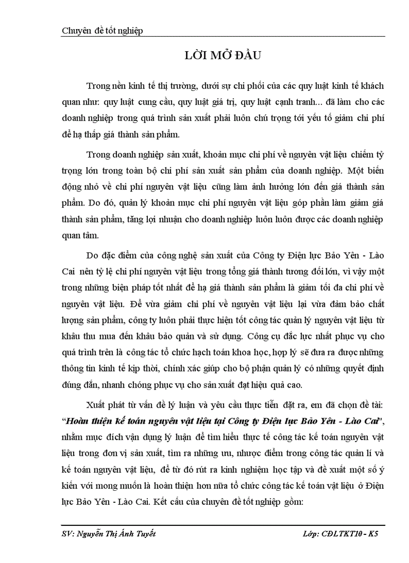 Hoàn thiện kế toán nguyên vật liệu tại Công ty Điện lực Bảo Yên Lào Cai