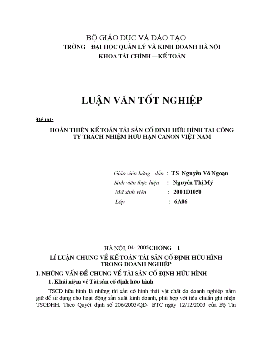 Hoàn thiện kế toán tài sản cố định hữu hình tại công ty trách nhiệm hữu hạn canon việt nam
