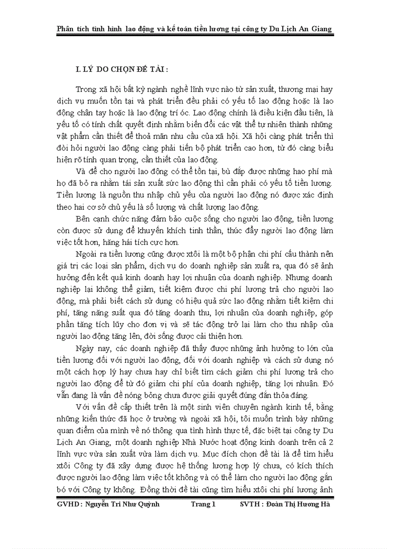 Luận văn tốt nghiệp Phân tích tình hình lao động và kế toán tiền lương tại công ty du lịch an giang