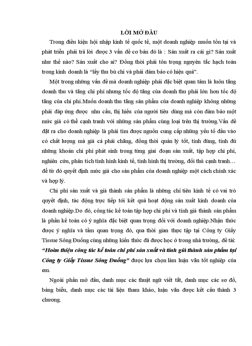 Hoàn thiện công tác kế toán chi phí sản xuất và tính giá thành sản phẩm tại Công ty Giấy Tissue Sông Đuống