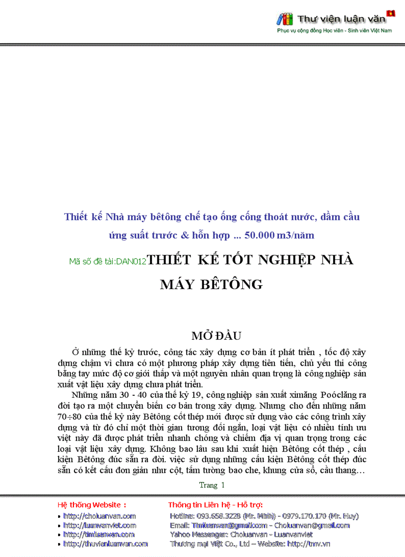 Đồ án tốt nghiệp Thiết kế Nhà máy bêtông chế tạo ống cống thoát nước dầm cầu ứng suất trước hỗn hợp 50 000 m3 năm