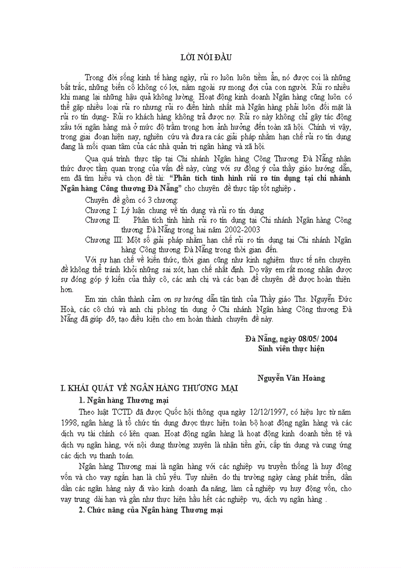 Phân tích tình hình rủi ro tín dụng tại chi nhánh Ngân hàng Công thương Đà Nẵng