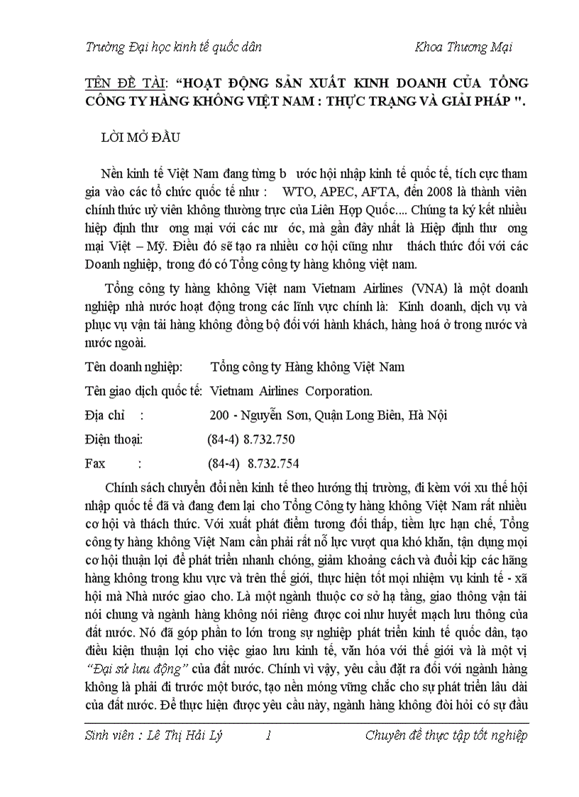 Hoạt động sản xuất kinh doanh của tổng công ty hàng không Việt Nam Thực trạng và Giải pháp
