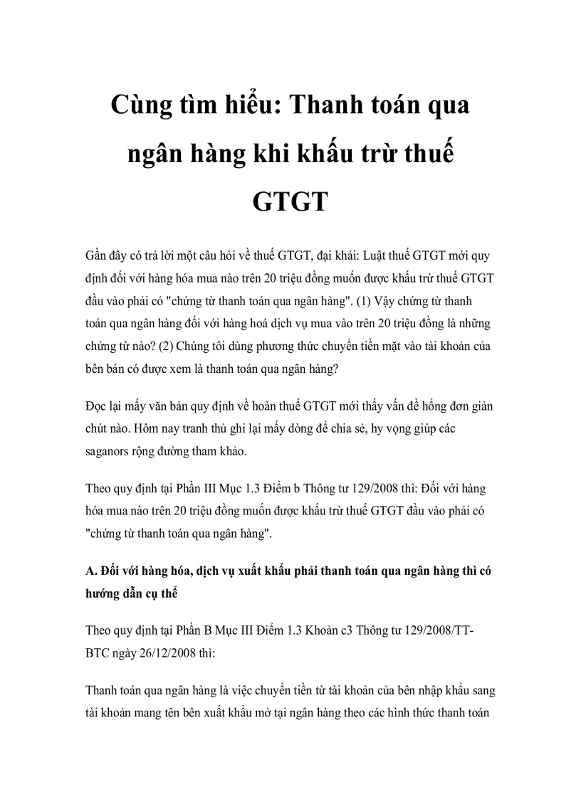 Cùng tìm hiểu thanh toán qua ngân hàng khi khấu trừ thuế GTGT