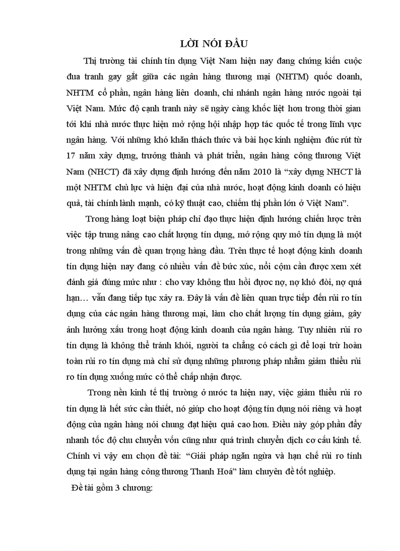 Giải pháp ngăn ngừa và hạn chế rủi ro tính dụng tại ngân hàng công thương Thanh Hoá