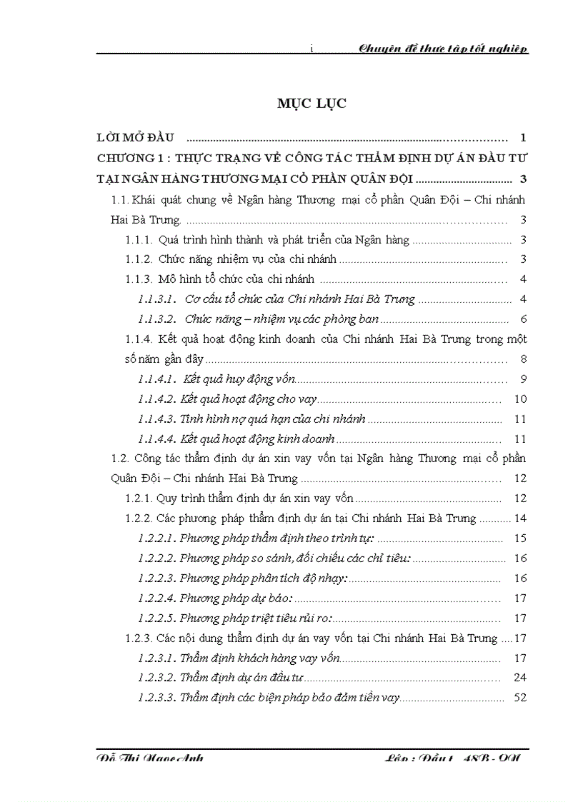 Hoàn thiện công tác thẩm định dự án xin vay vốn tại ngân hàng thương mại CP Quân Đội chi nhánh Hai Bà Trưng