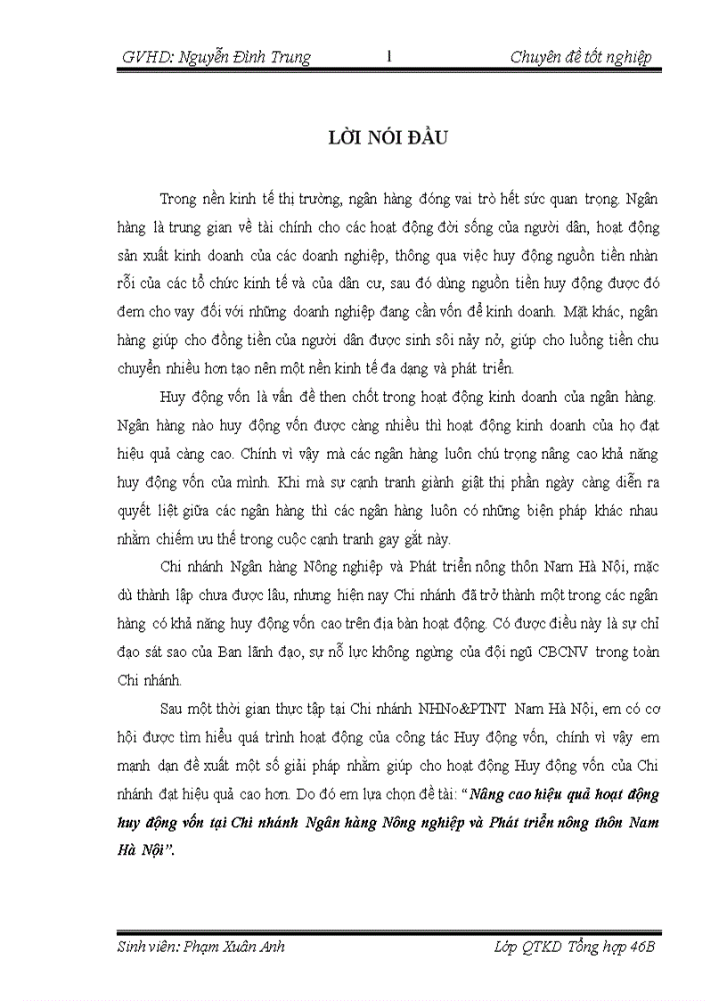 Nâng cao hiệu quả hoạt động huy động vốn tại Chi nhánh Ngân hàng Nông nghiệp và Phát triển nông thôn Nam Hà Nội