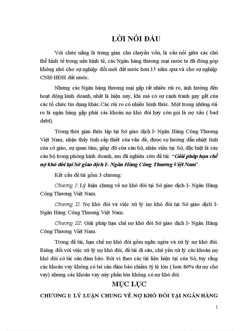 Giải pháp hạn chế nợ khó đòi tại Sở giao dịch I Ngân Hàng Công Thương Việt Nam