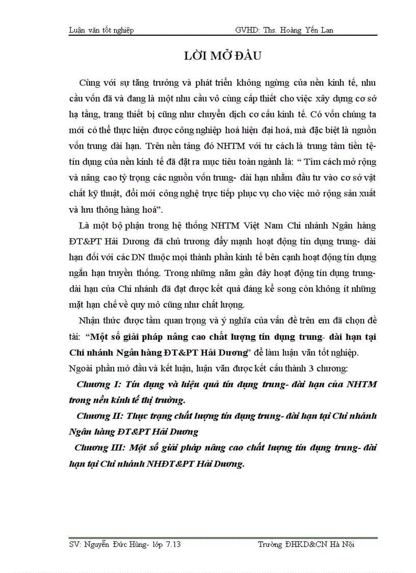 Một số giải pháp nâng cao chất lượng tín dụng trung dài hạn tại Chi nhánh Ngân hàng đầu tư và phát triển Hải Dương