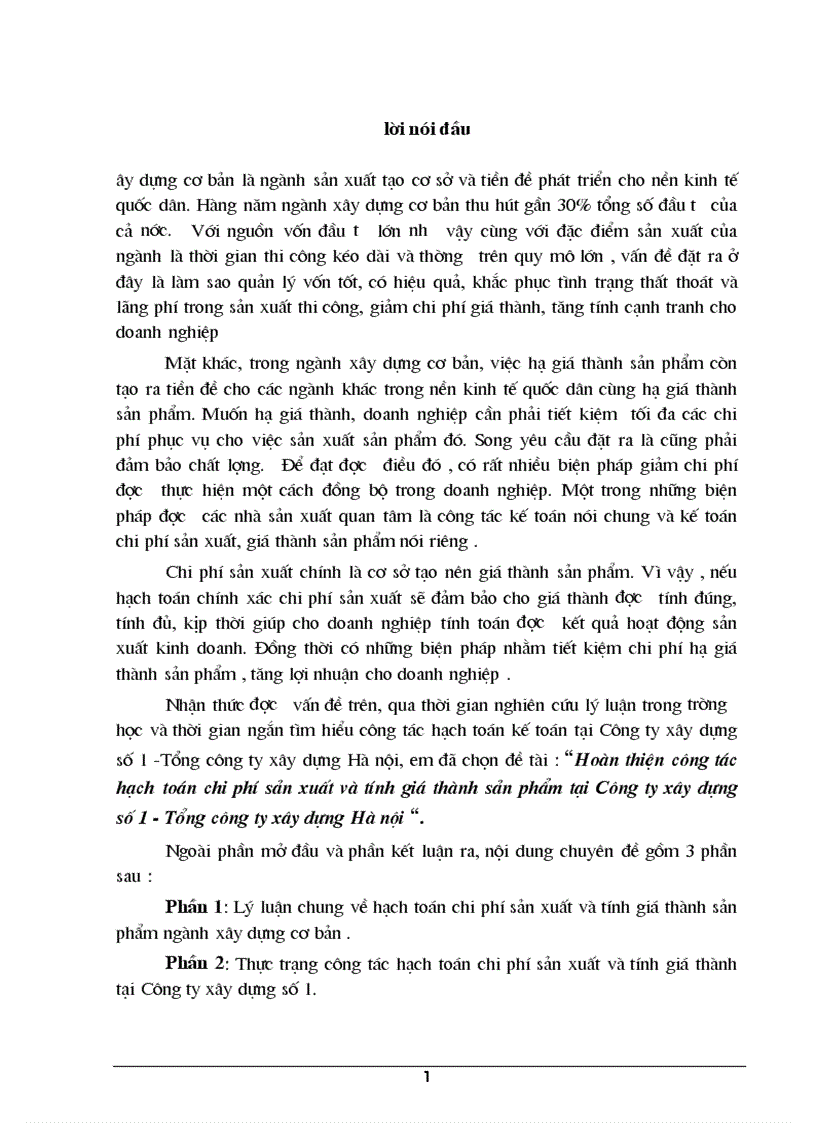 Hoàn thiện công tác hạch toán chi phí sản xuất và tính giá thành sản phẩm tại Công ty xây dựng số 1 Tổng công ty xây dựng Hà nội
