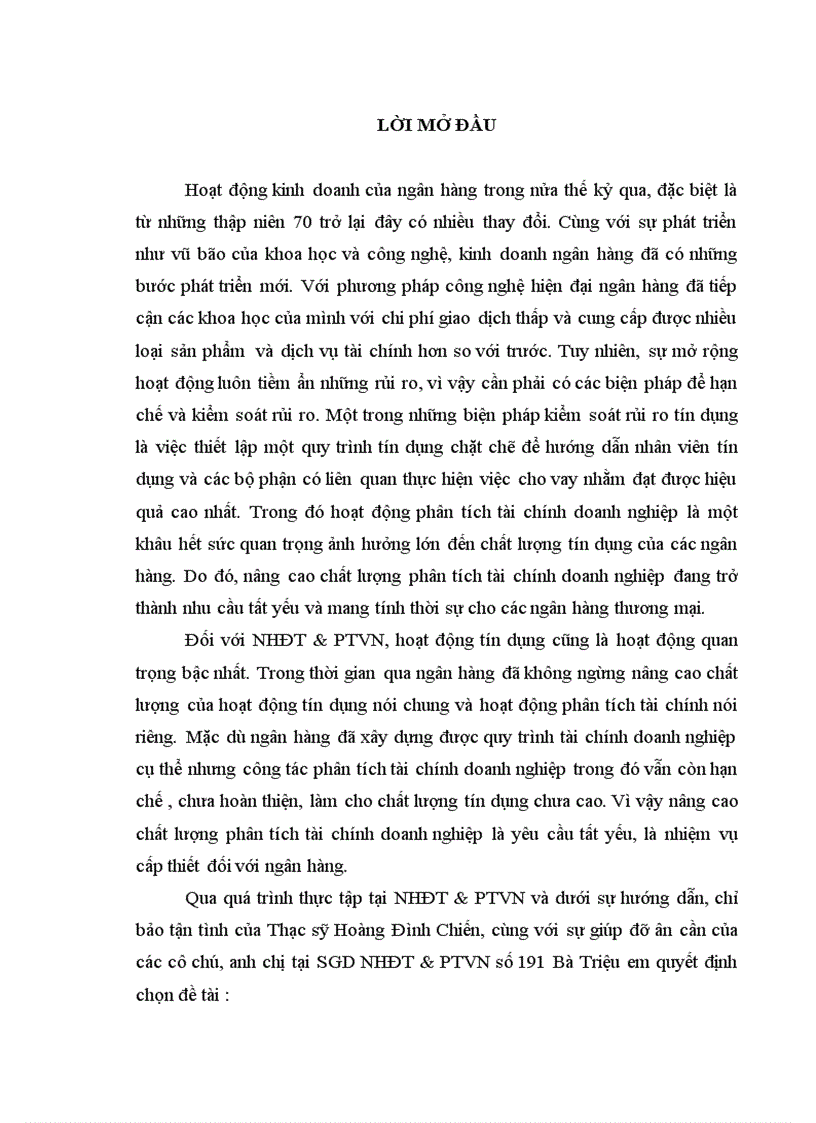 Giải pháp nâng cao chất lượng phân tích tài chính doanh nghiệp phục vụ cho hoạt động tín dụng tại Sở Giao Dịch Ngân hàng đầu tư và Phát triển Việt Nam