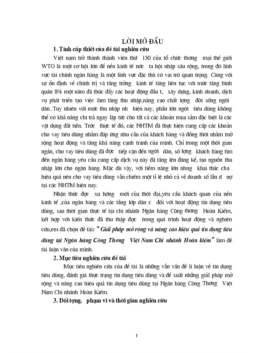 Giải pháp mở rộng và nâng cao hiệu quả tín dụng tiêu dùng tại Ngân hàng Công Thương Việt Nam Chi nhánh Hoàn kiếm