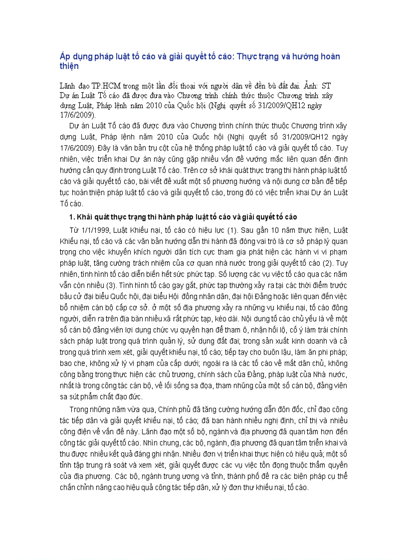 Áp dụng pháp luật tố cáo và giải quyết tố cáo Thực trạng và hướng hoàn thiện
