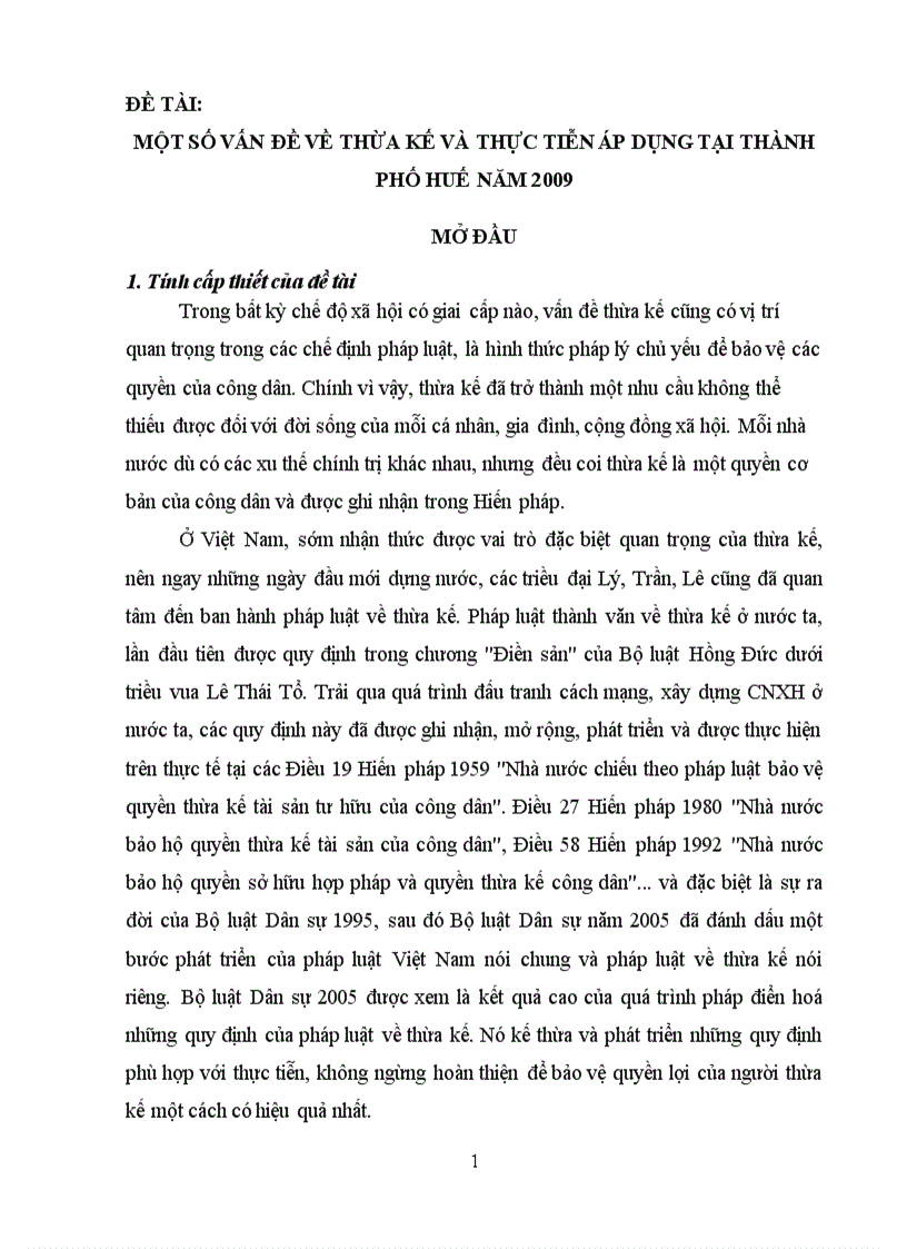 Tìm hiểu một số vấn đề về thừa kế và thực tiễn áp dụng tại thành phố Huế năm 2009