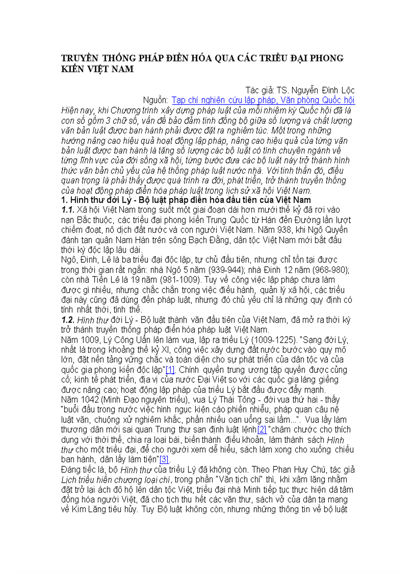 Truyền thống pháp điển hóa qua các triều đại phong kiến việt nam