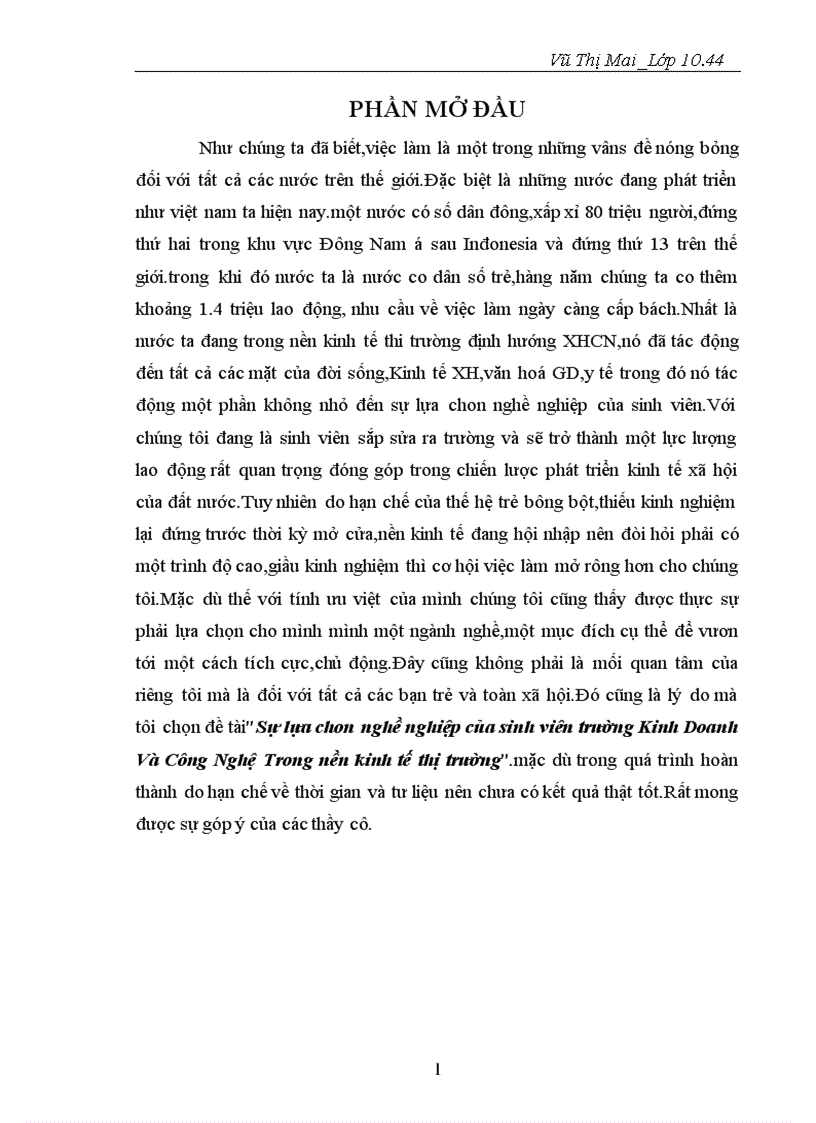 Sự lựa chon nghề nghiệp của sinh viên trường Kinh Doanh Và Công Nghệ Trong nền kinh tế thị trường