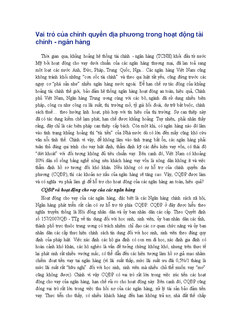 Vai trò của chính quyền địa phương trong hoạt động tài chính ngân hàng