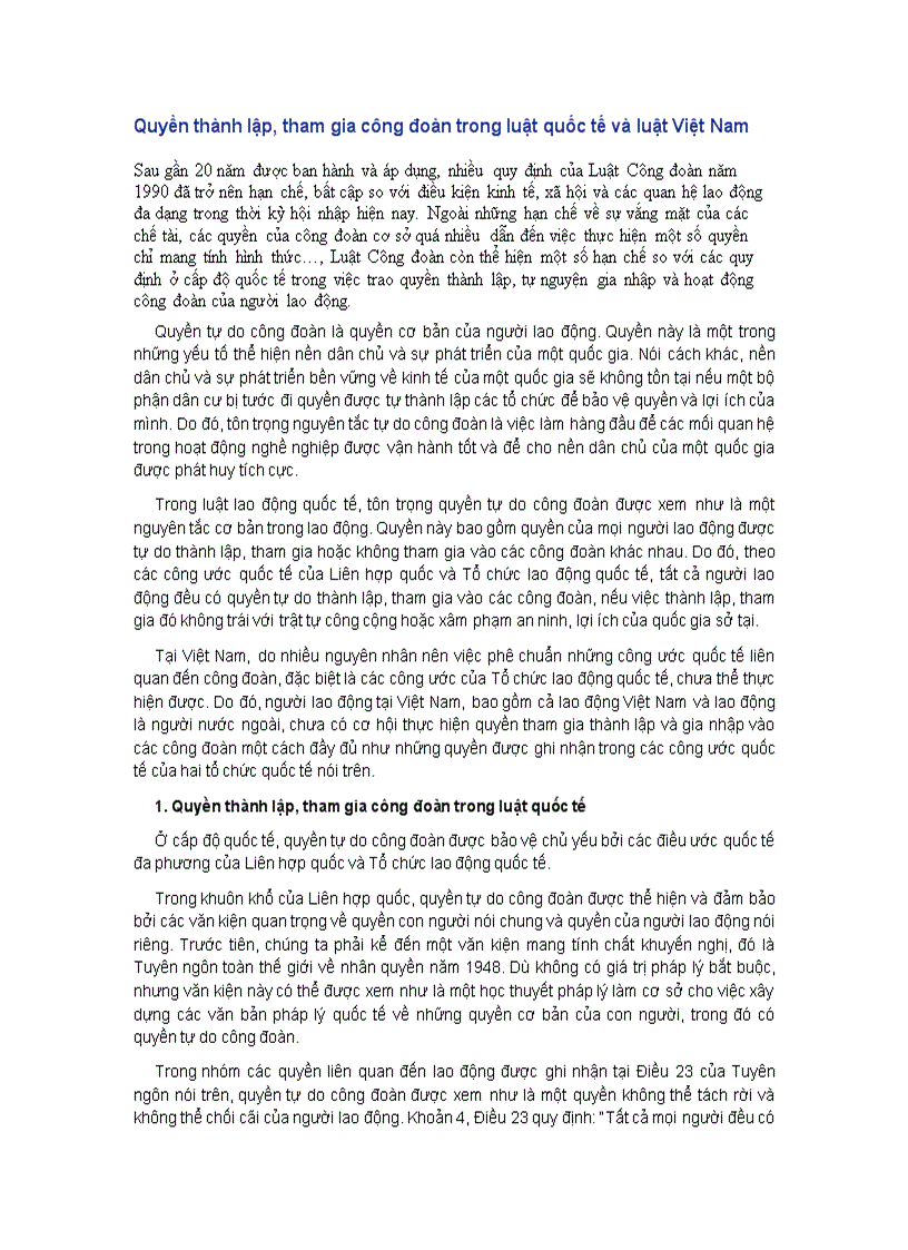 Quyền thành lập tham gia công đoàn trong luật quốc tế và luật Việt Nam
